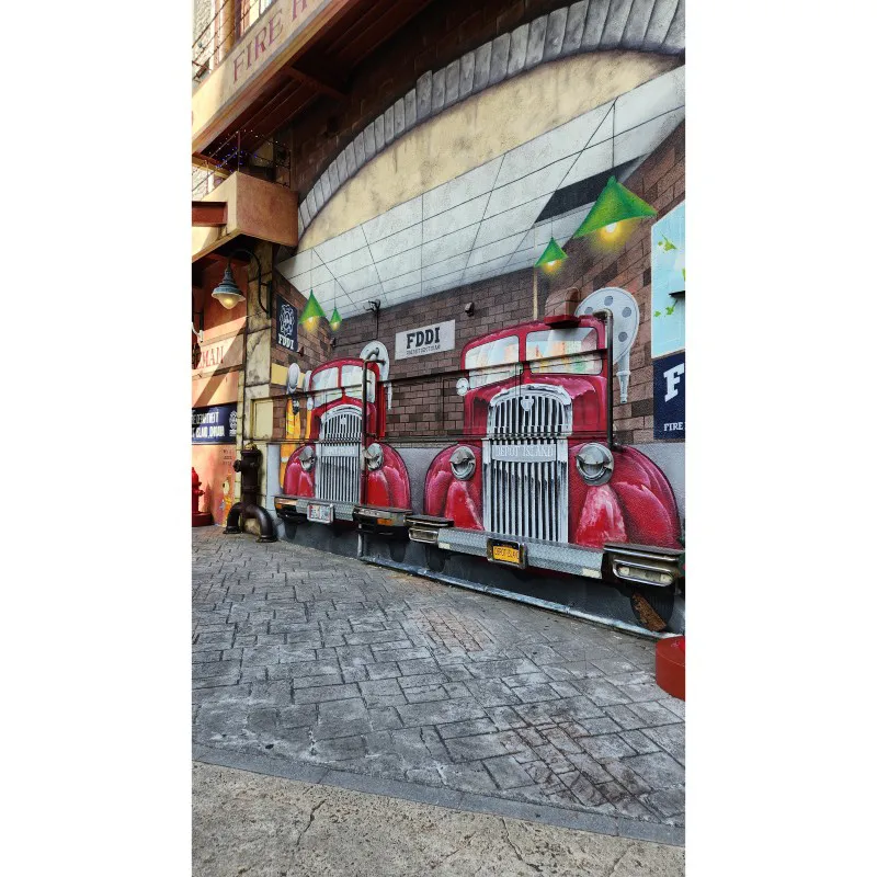 Firetruck-themed mural at Depot Island in American Village, Chatan, Okinawa