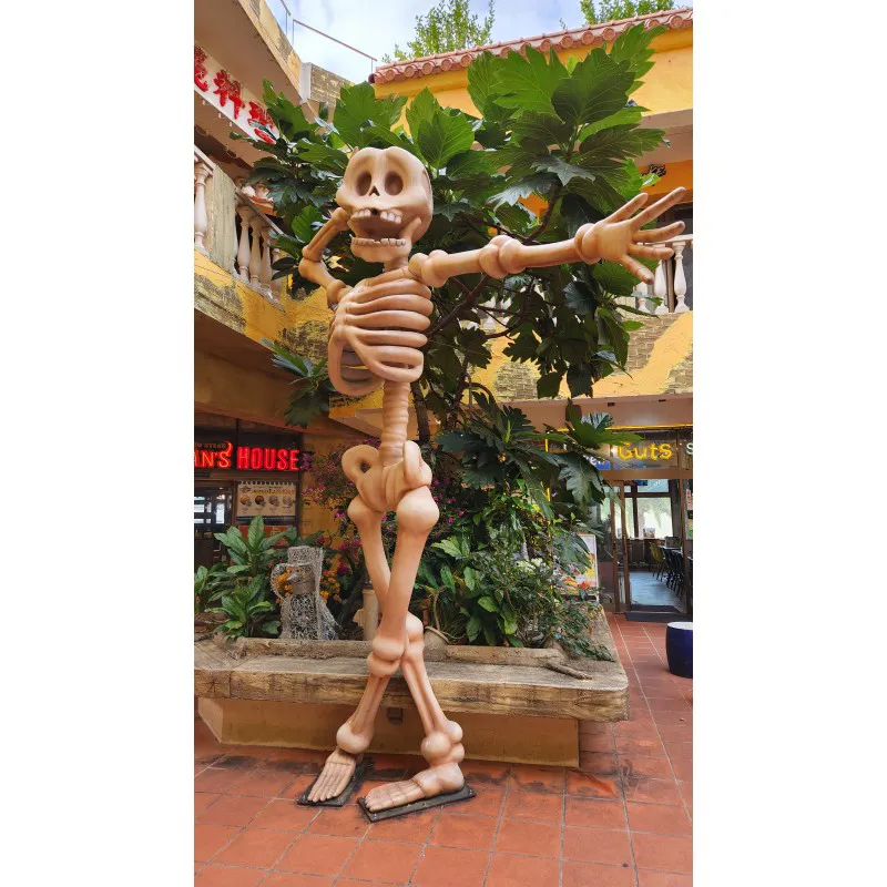 Tall skeleton statue striking a pose at American Village in Chatan, Okinawa