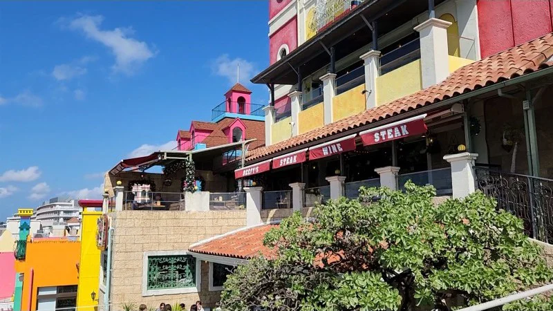Colorful building with steak and wine restaurant at American Village in Chatan, Okinawa