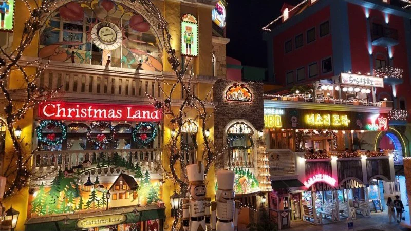 Christmas Land illuminated at night with festive lights at American Village in Chatan, Okinawa