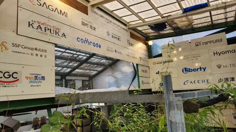 Wide view of sponsorship boards at Yomitan Coral Farm