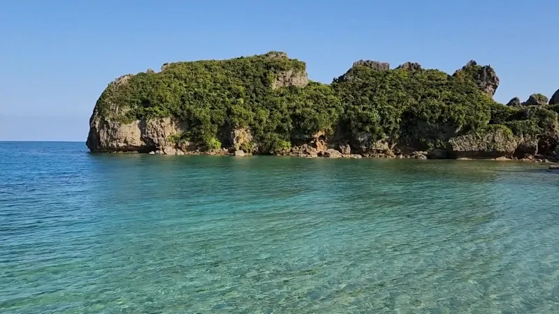 Eaux turquoise limpides avec des collines verdoyantes en arrière-plan à Hamahigajima
