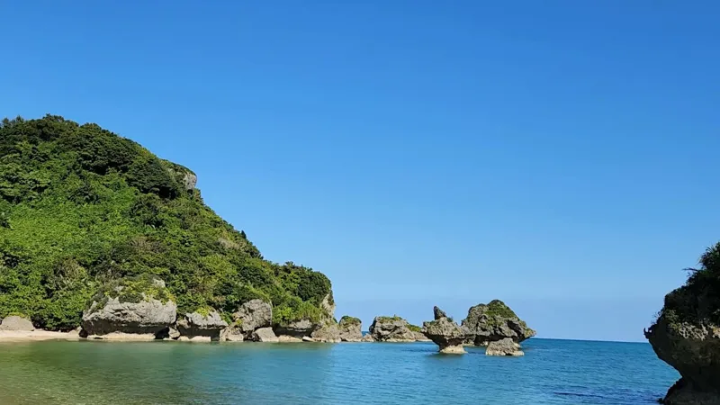Falaises rocheuses et blocs recouverts de verdure le long de la mer turquoise de Hamahigajima