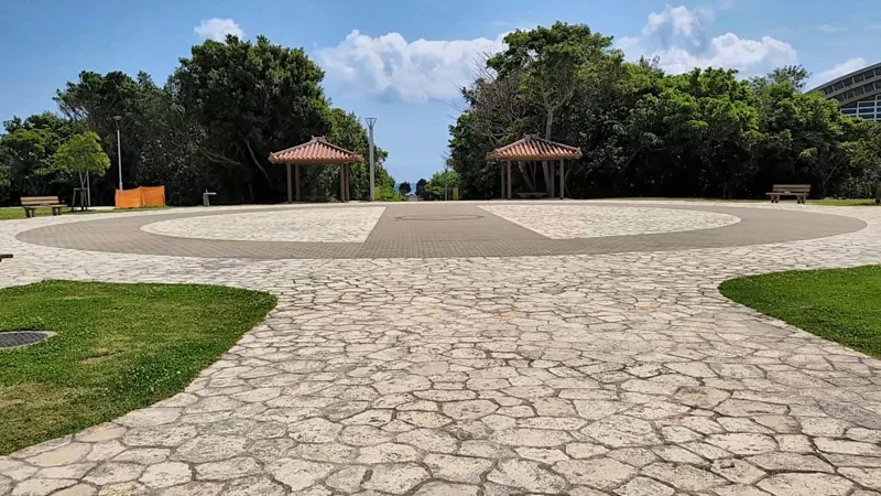 Paved esplanade with pavilions at Kitanakagusuku Sports Park Okinawa
