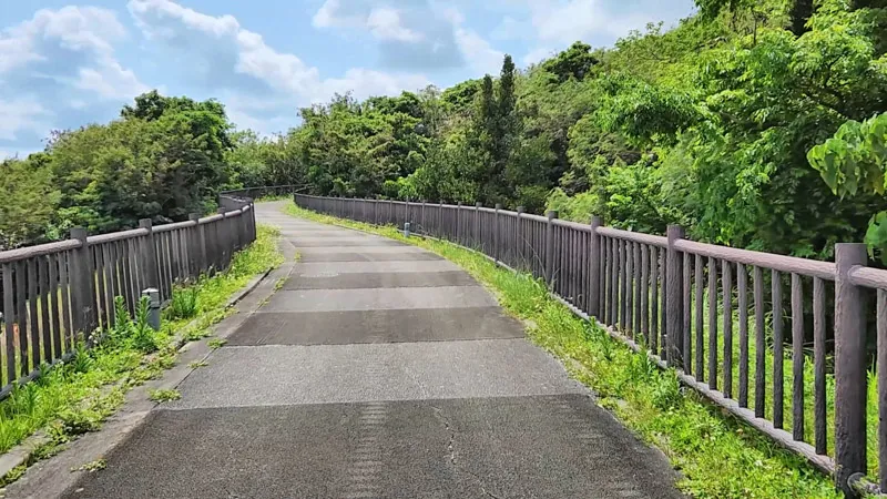 Pedestrian path lined with vegetation at Kitanakagusuku Sports Park Okinawa