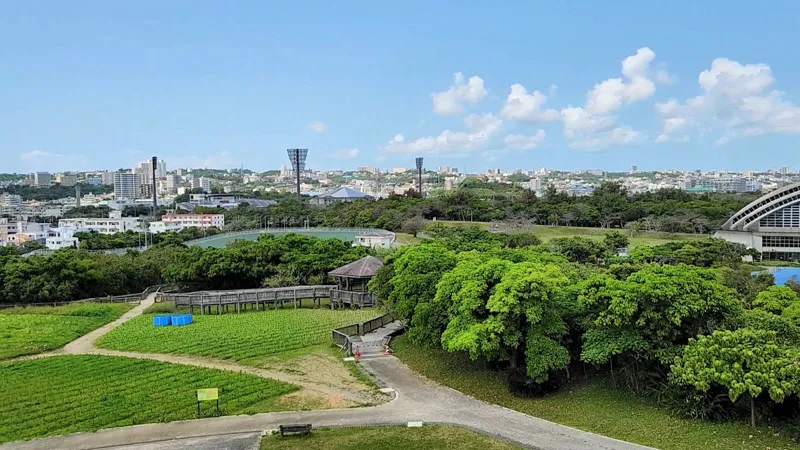 Aerial view of sports facilities and green spaces in Kitanakagusuku