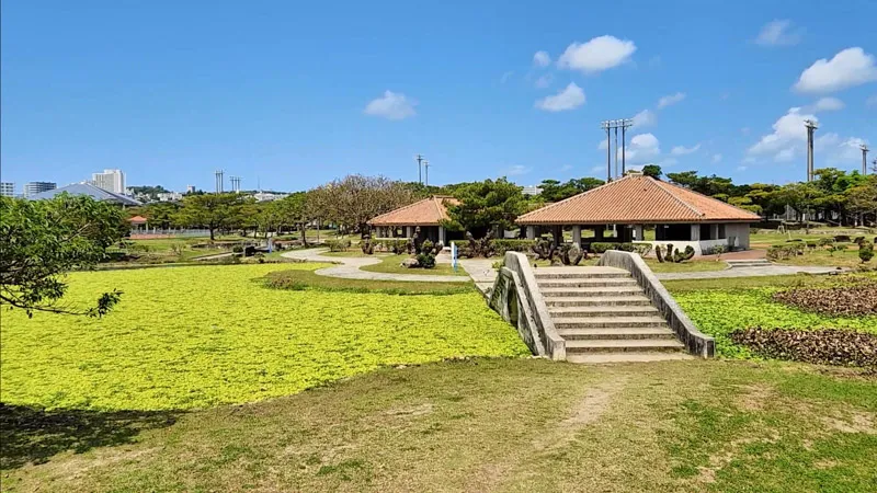 Stairs and traditional pavilions at Kitanakagusuku Sports Park Okinawa