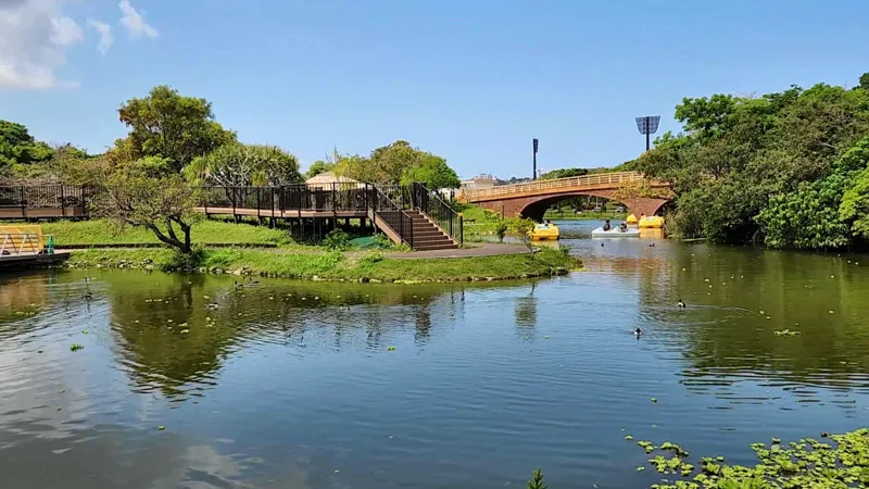 Pond and brick bridge at Kitanakagusuku Sports Park Okinawa