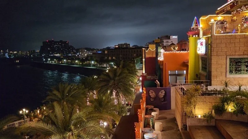 Night view of American Village with palm trees and seaside lights in Chatan, Okinawa