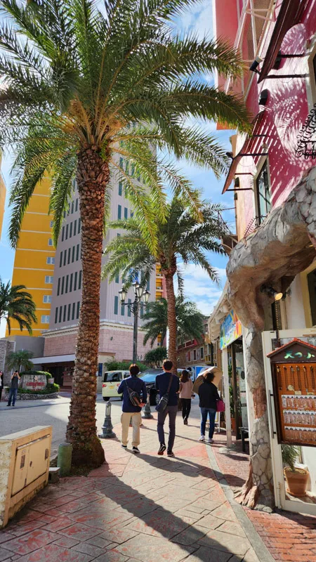 Palm trees and pedestrians walking through American Village in Okinawa