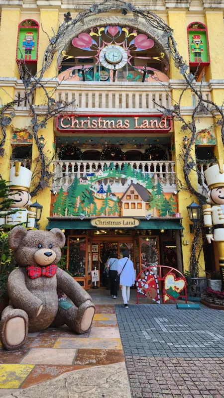 Christmas Land entrance with teddy bear and festive decorations in Okinawa