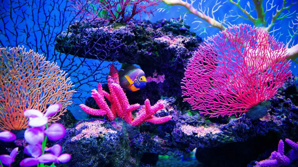 Colorful tropical fish swimming among pink corals at Yomitan Coral Farm
