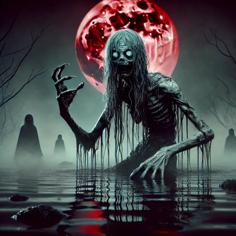 Undead Pikin Kiru yokai spirit rising from the water under a red moon