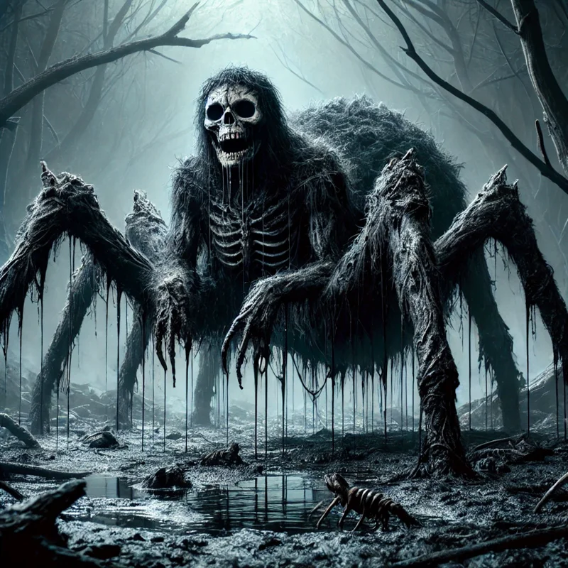 Massive spider Kagarimo yokai with skeletal body in a dark forest