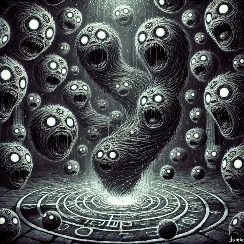Swarm of screaming spirit faces floating in dark ritual circle of Hidama yokai