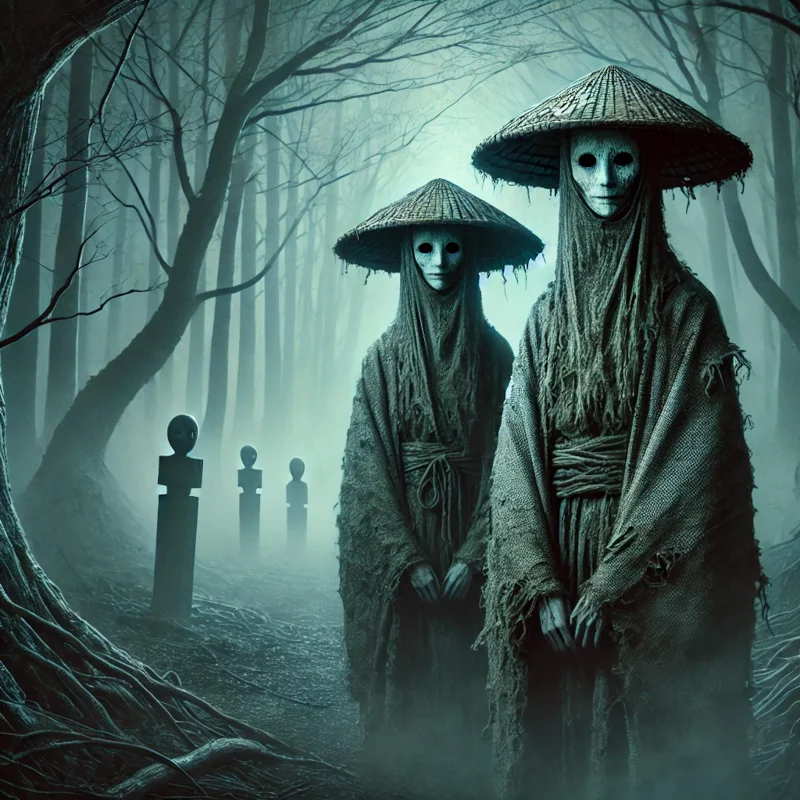 Two Gusonutsukai yokai spirits with straw hats standing in a misty forest