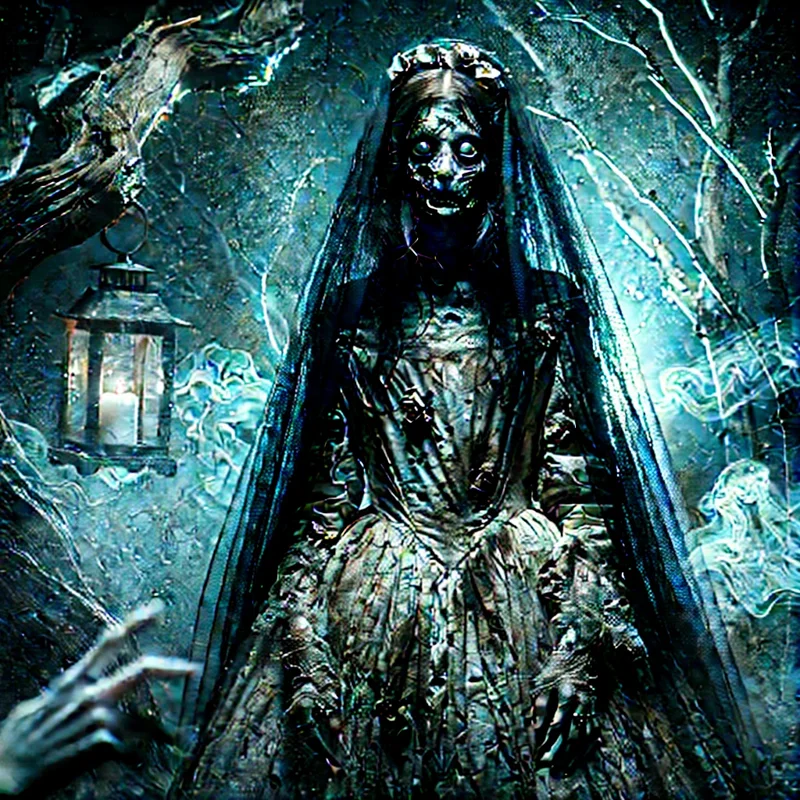 Creepy Hanamo ghost bride yokai figure in a decayed wedding dress holding a lantern