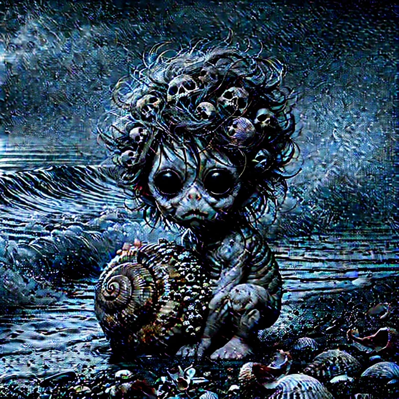Dark sea Sema yokai child with shell and skulls in hair at the shore