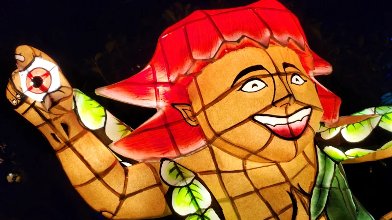 Close up of a Kijimuna yokai lantern holding an eyeball