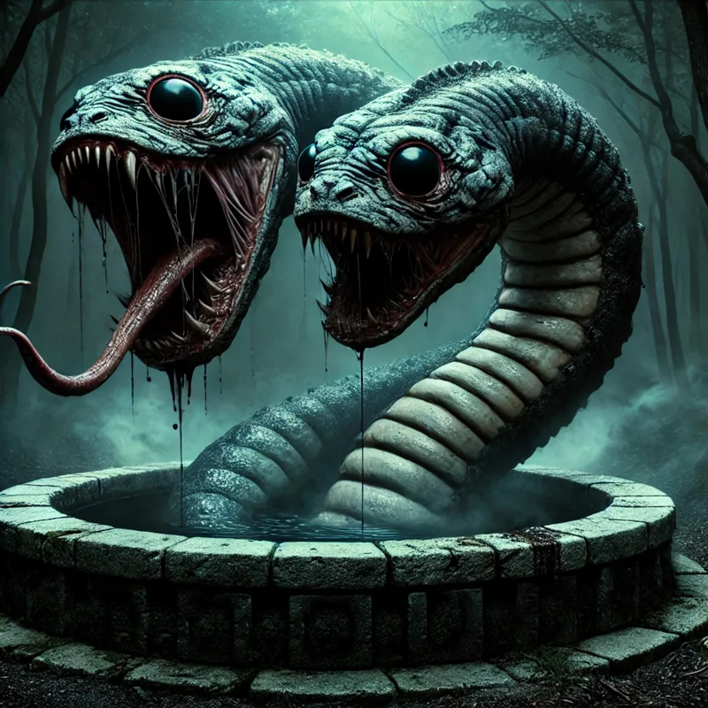 Two headed serpent Kuchi Furacha yokai emerging from a stone well with glowing eyes and sharp fangs