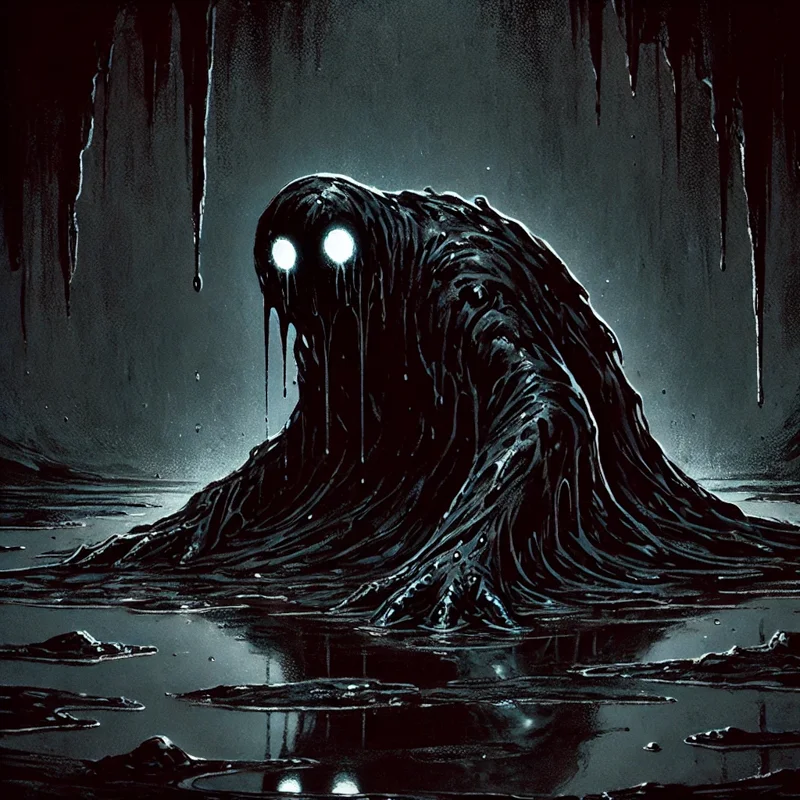 Dark slime Hadakanuyu yokai with glowing eyes crawling in a river
