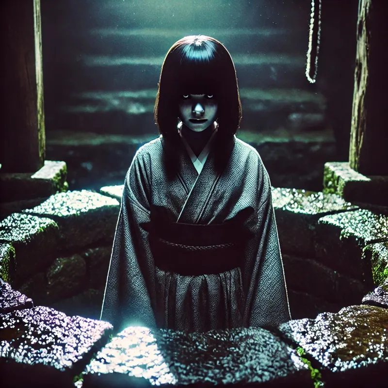 Dark haired girl yokai Kakamuro in a kimono standing ominously by a stone well