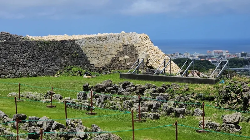 Restored section of Nakagusuku Castle wall with white coral limestone blocks