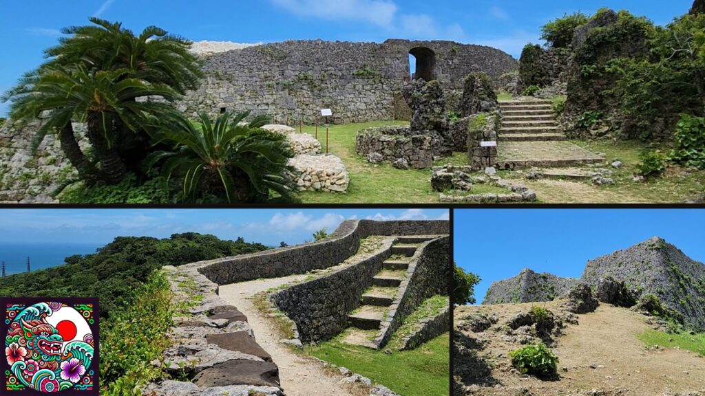 Collage of Nakagusuku Castle ruins showing stone walls, stairs, and tropical scenery