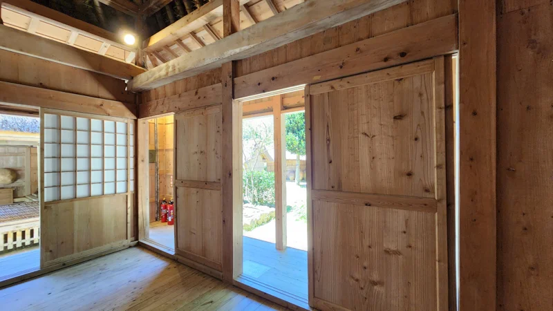 Interior of an Okinawan house with wooden sliding doors