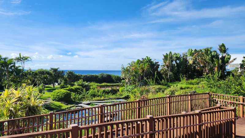 Wooden terrace overlooking ocean and gardens