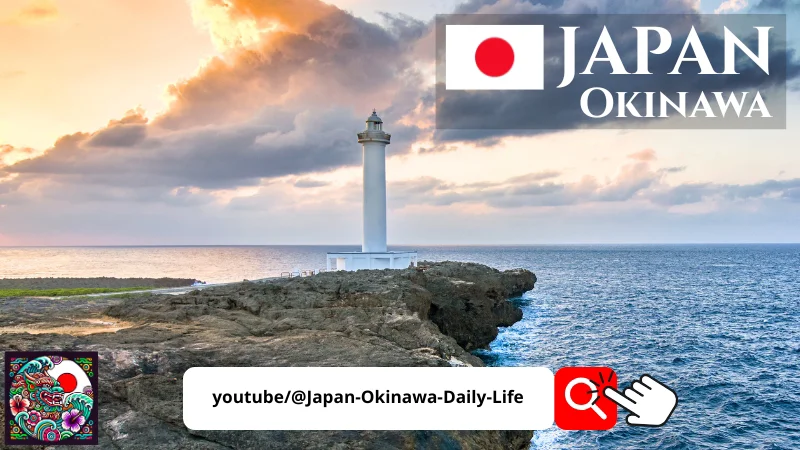 White lighthouse on rocky cliffs at Cape Zanpa with sunset clouds and the Japan Okinawa logo.
