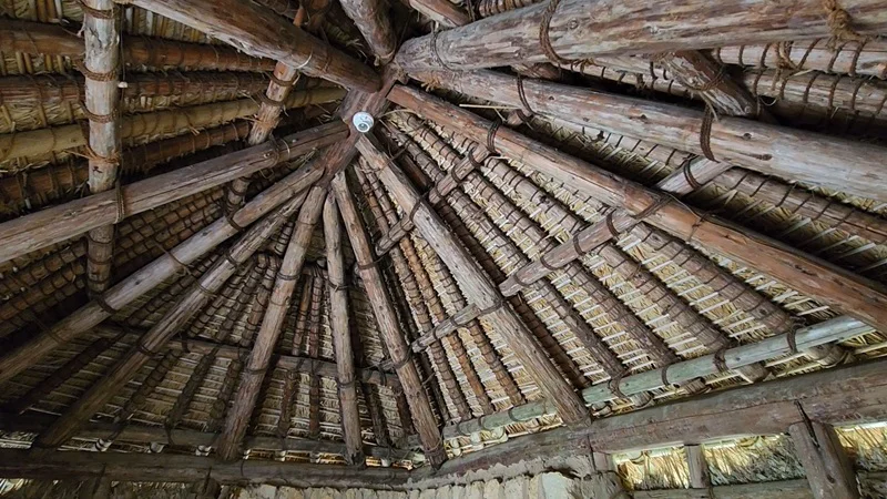 Wooden beams and thatched roof structure of a traditional Okinawan hut.