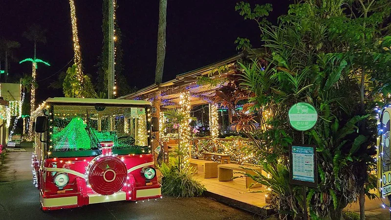 Tourist bus decorated with lights at the Southeast Botanical Garden in Okinawa