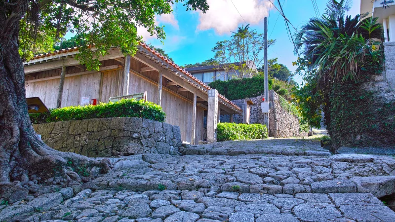 Stone-paved street lined with traditional wooden houses in Okinawa