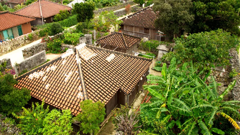 Traditional wooden houses with red tiled roofs in an Okinawan village