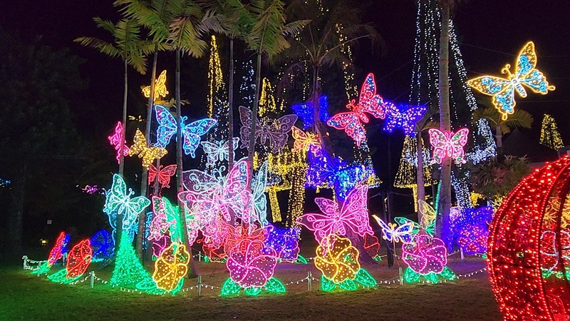 Illuminations of colorful butterflies and flowers at the Southeast Botanical Garden in Okinawa
