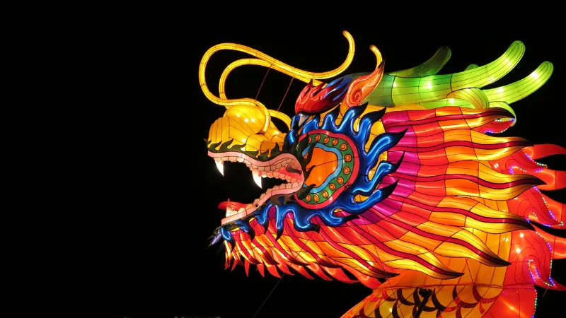 Illuminated dragon lantern in vibrant colors at night festival