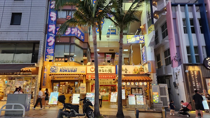 Stores and restaurants on Kokusai Dori in Naha, framed by tall palm trees during the early evening.