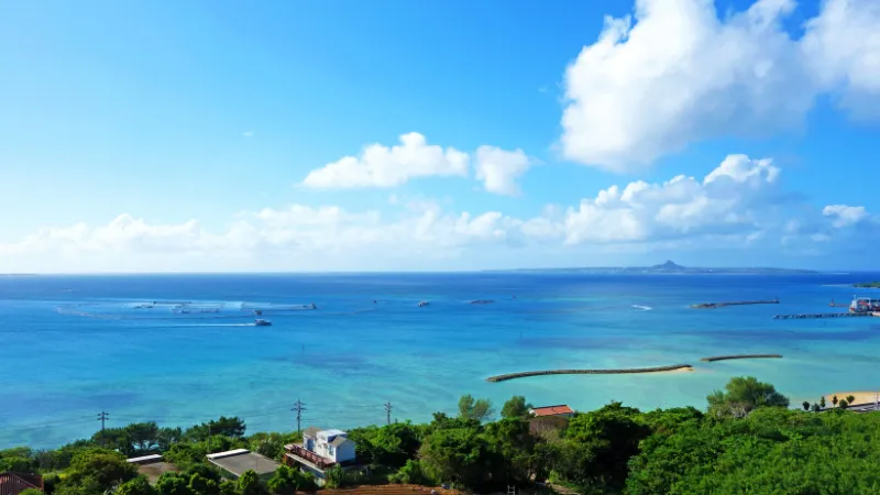 Scenic ocean view with Mt. Gusuku in distance