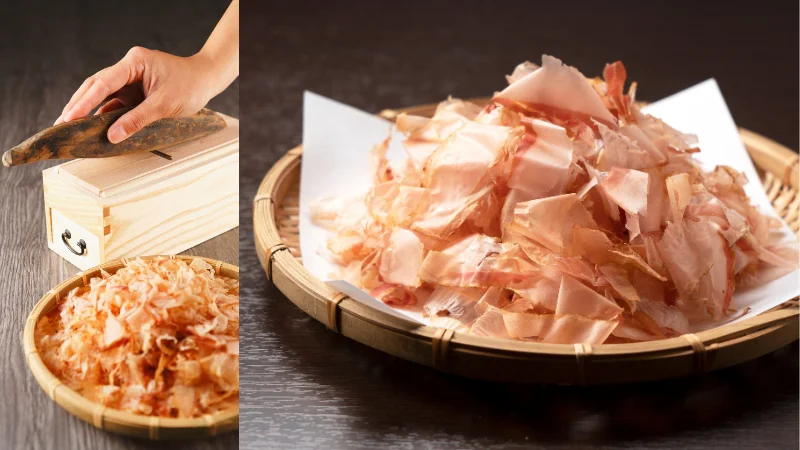 Hand shaving dried bonito into fresh katsuobushi flakes