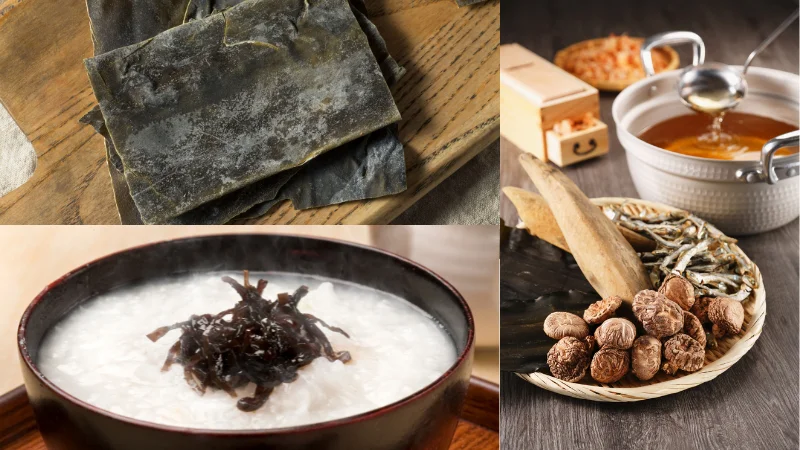 Kombu kelp, dried bonito, shiitake, and niboshi used for Japanese dashi