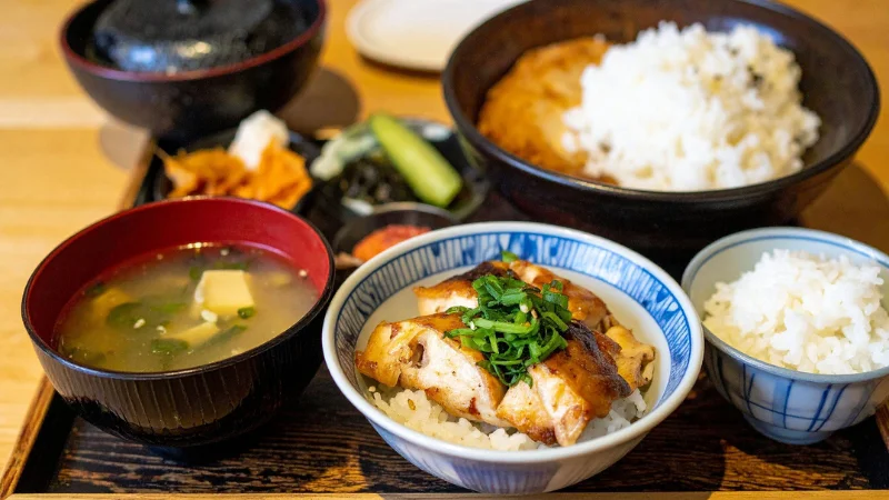 Traditional Japanese meal set with grilled chicken, rice, miso soup, and side dishes