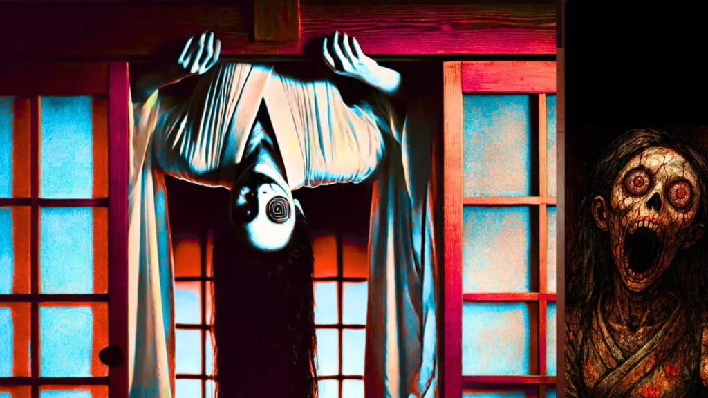 Upside down Japanese yōkai with long black hair and white robe appearing inside a traditional Japanese house at night
