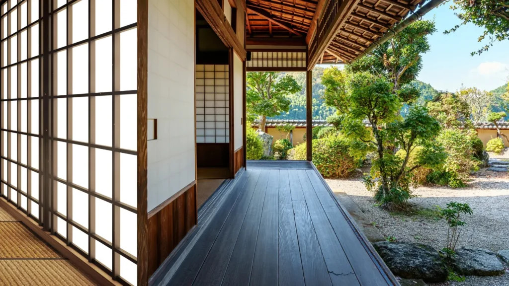 Wooden engawa corridor of a traditional Japanese house with shoji doors, overlooking a peaceful garden with trees and gravel.
