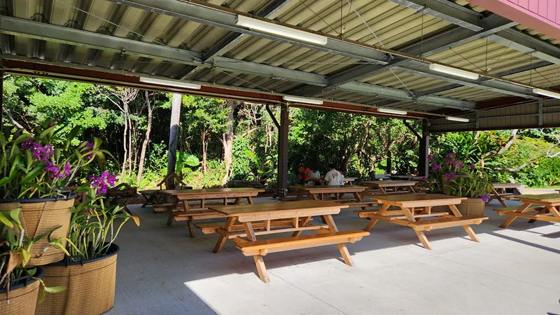 Covered picnic area with wooden tables at Bios no Oka Park in Okinawa