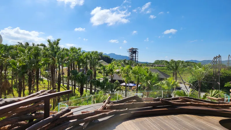 Scenic view of tropical palm trees and the adventure tower at Junglia Okinawa
