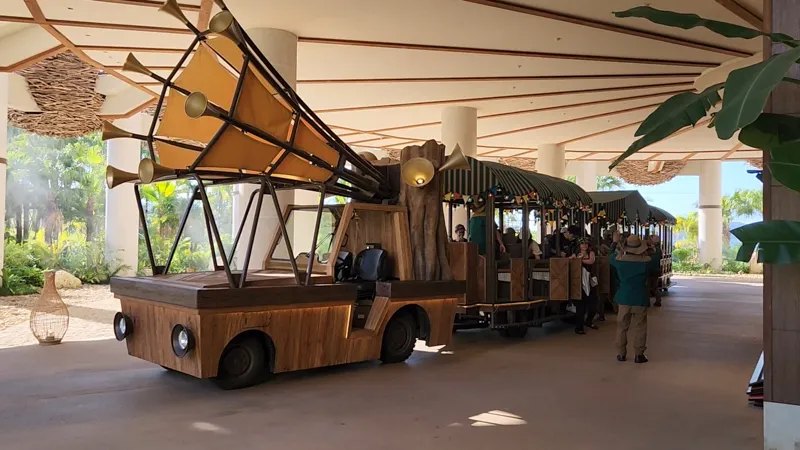 Tam Tam Tram waiting at the boarding station at Junglia Okinawa