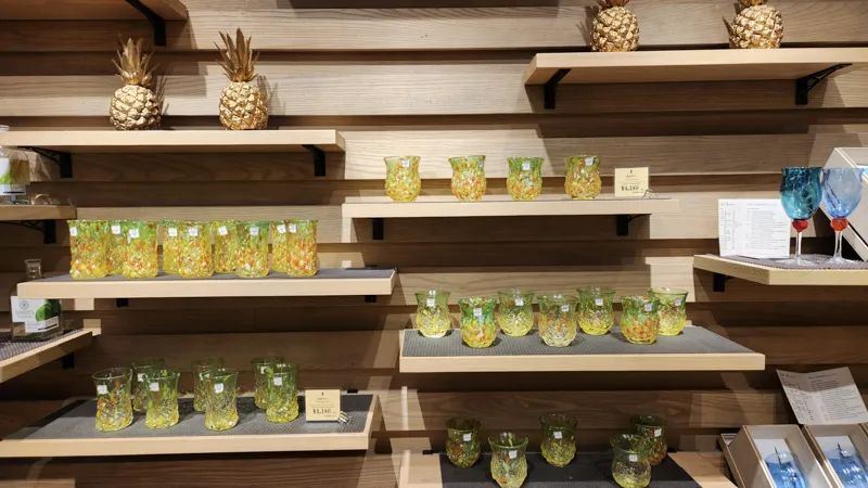 Pineapple shaped glassware and cups displayed in a shop in Okinawa