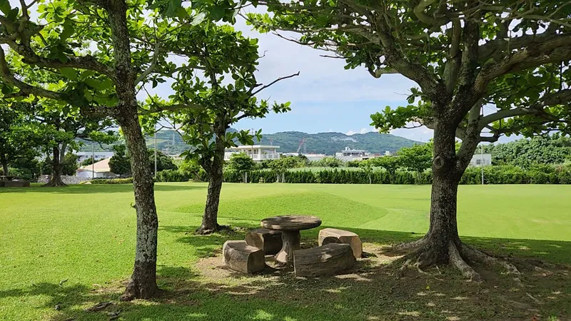 Stone picnic table under trees at Yoshinoura Park in Okinawa