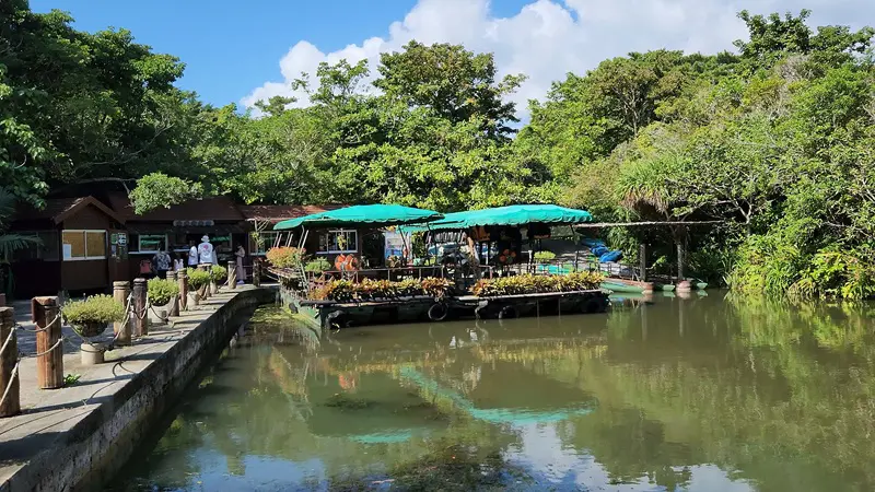 River cruise boats surrounded by tropical vegetation at Bios no Oka Park in Okinawa